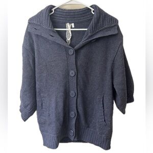M Rena Blue Knit Button Cardigan Shawl Collar Short Sleeve Sweater Boho Cozy